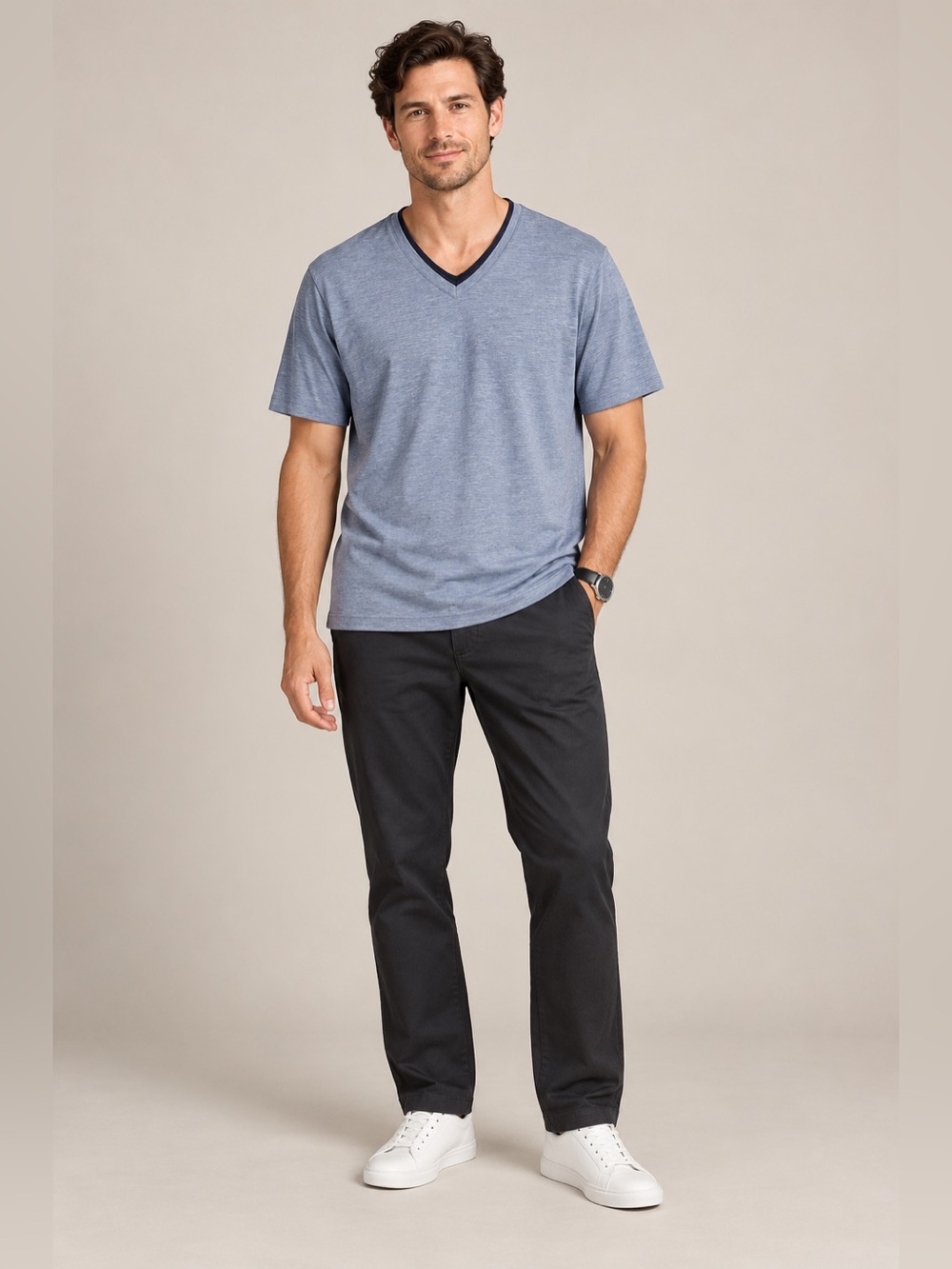 Perry Ellis Men’s XXL Blue Heathered Double V-Neck Short Sleeve T-Shirt